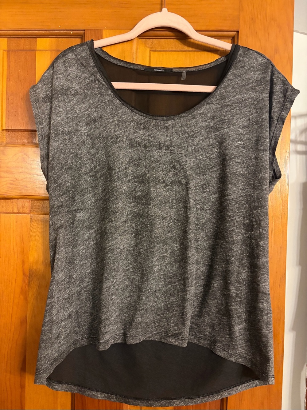 Tahari Charcoal Gray Short Sleeve Scoop Neck Top with Sheer Black accent, Size M